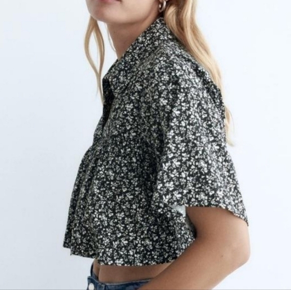 Zara Black White Floral Babydoll Crop Top MEDIUM - Picture 3 of 10